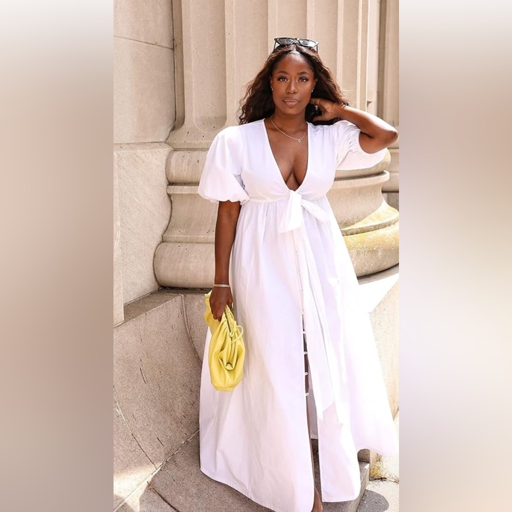 The Drop Women's White Puff-Sleeve Front-Bow Button-Down Maxi Dress